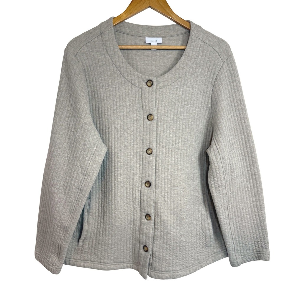 Pure Jill Waffle Knit Button Front Jacket‎ Cardigan 2X Taupe Neutral Minimalist